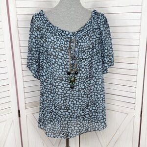 Moda International Printed Beaded Sheer Peasant Blouse‎ Blue Black Medium